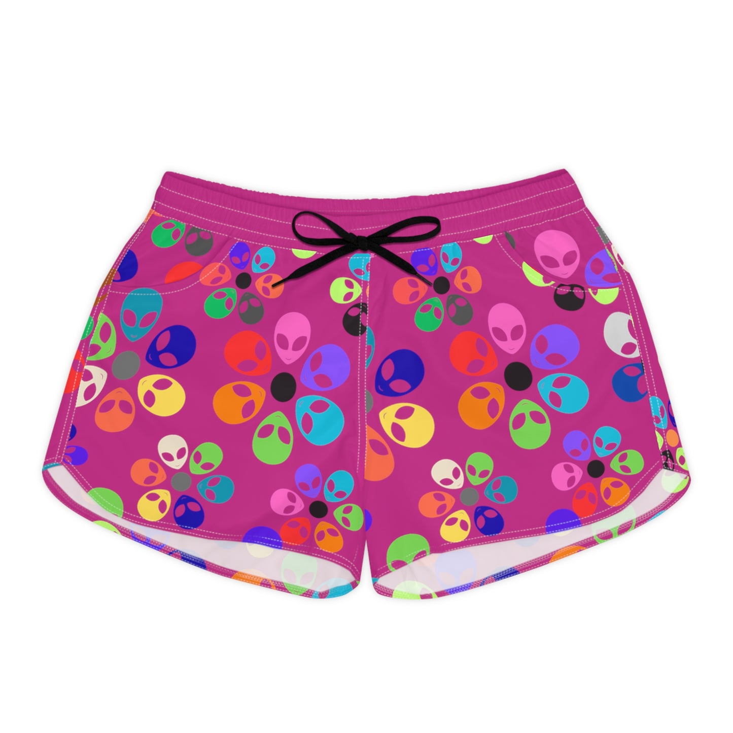 Colorful Alien Print Casual Shorts for Women | Fun Summer Activewear | Festival Fashion Beachwear Vacation Outfit Gift Idea Alien Rainbow Flowers Pink