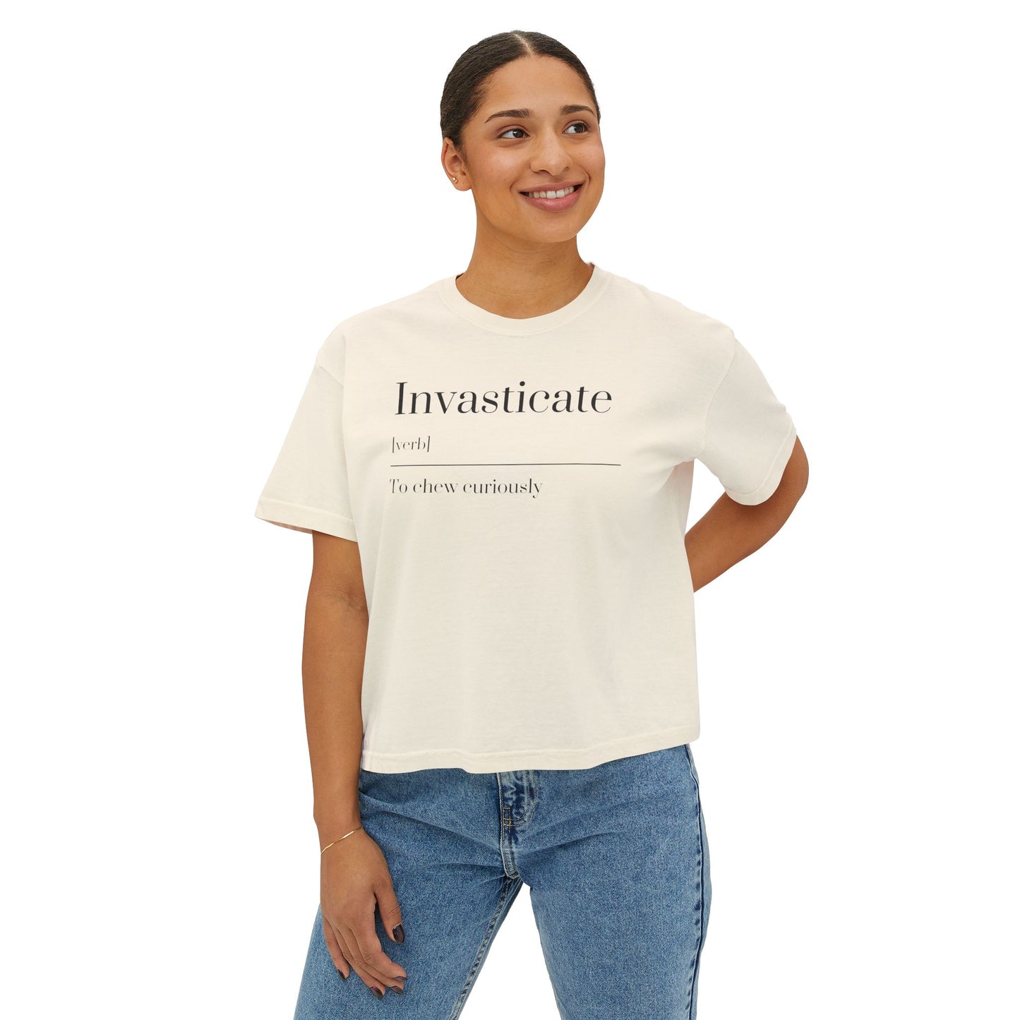 Curious Adventure Women's Boxy Tee, Casual Summer Top, Gift for Foodies, Vintage Inspired Shirt, Chew Curiously Tee