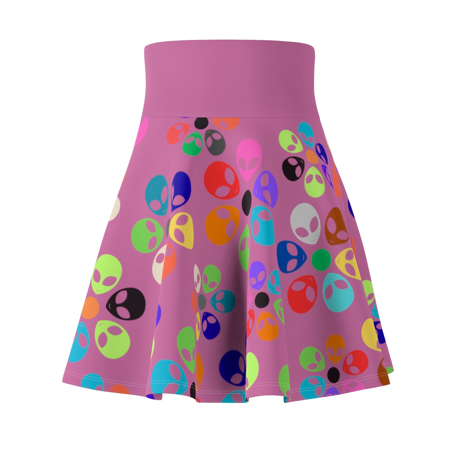 Colorful Alien Print Womens Skater Skirt Fun Fashion Summer Vibes Festival Wear Unique Style Casual Skirts Gifts for Her Alien Rainbow Flowers Light Pink