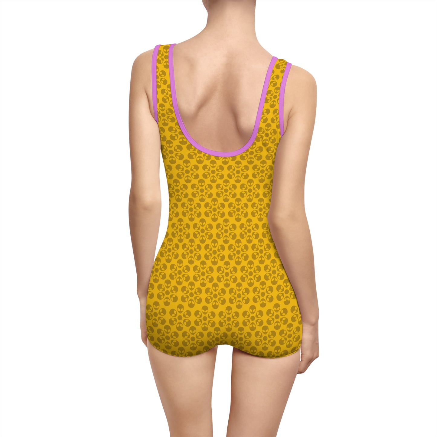 Womens Vintage Swimsuit  Alien Flowers Yellow