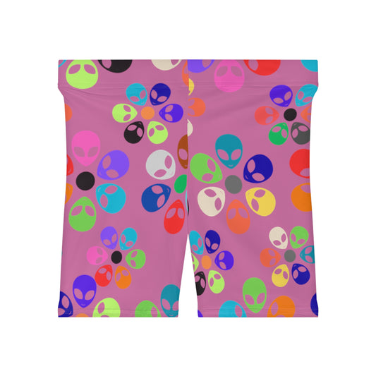 Colorful Alien Print Biker Shorts Trendy Athletic Shorts for Women Perfect for Festivals Summer Outfits Yoga Outdoor Activities Alien Rainbow Flowers Light Pink