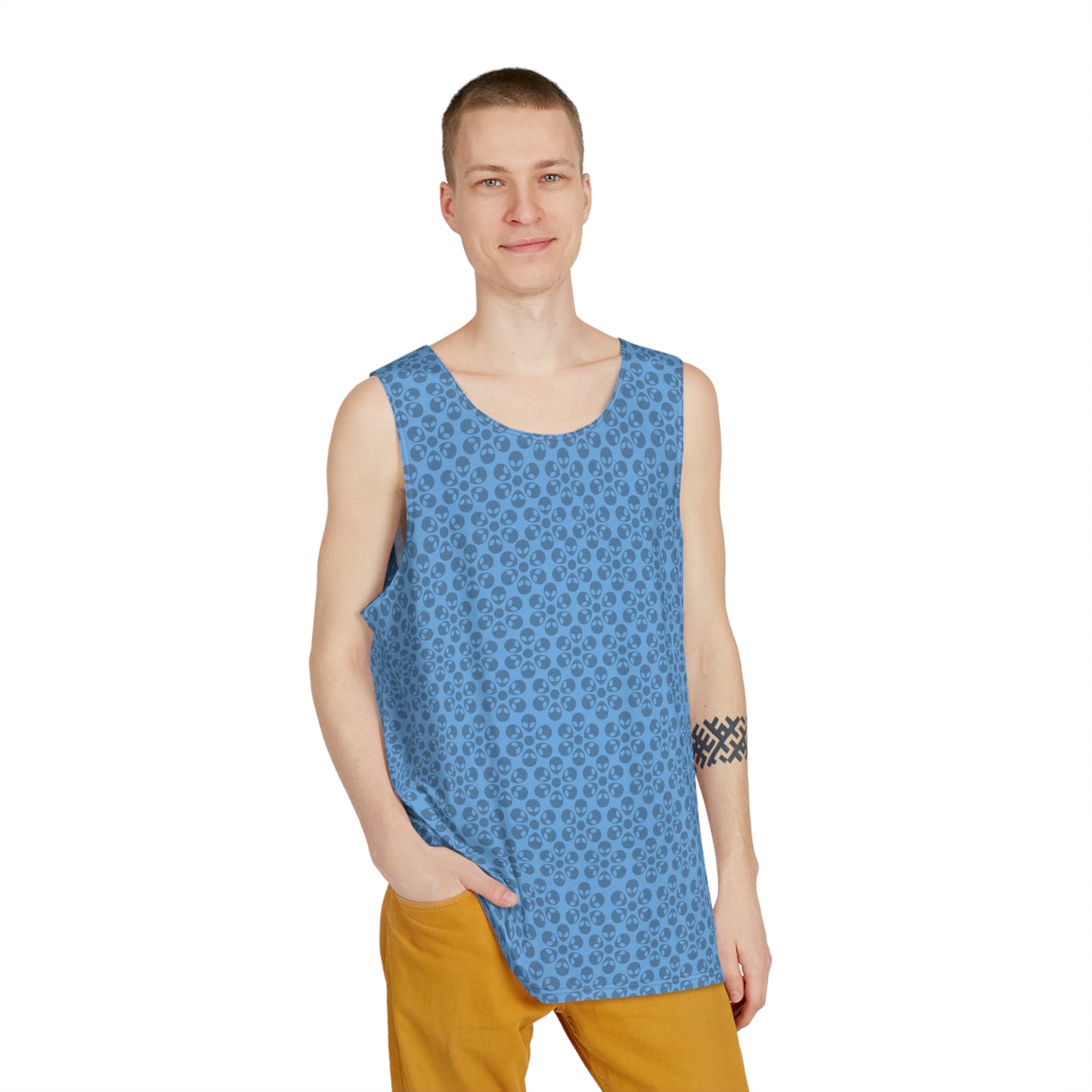 Stylish Mens Tank Top  AOP Leopard Print Summer Wear Fitness Gear Casual Apparel Trendy Vacation Outfit Alien Flowers Light Blue