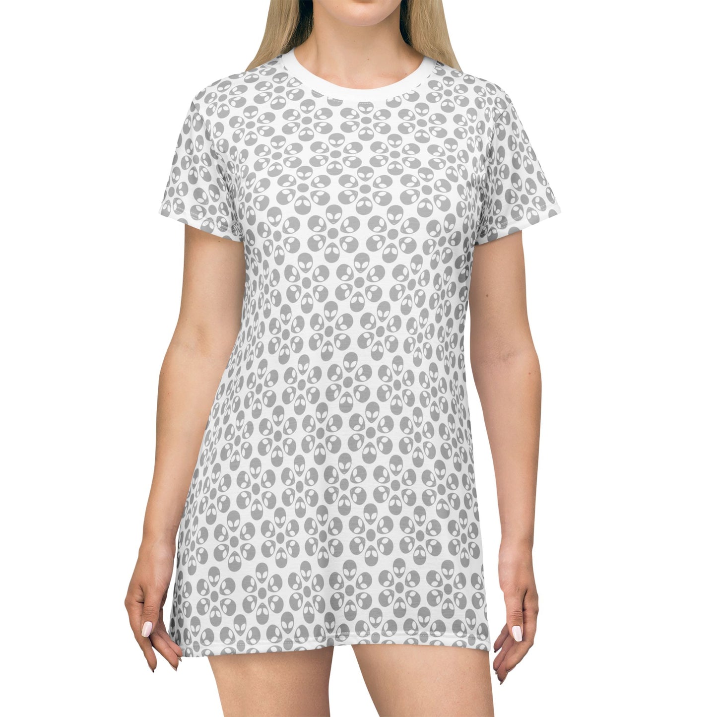 Floral Pattern TShirt Dress Casual Summer Dress Cute Dress for Women Floral Print Dress Trendy Everyday Wear Perfect for Beach Alien Flowers White
