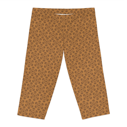 Womens Capri Leggings Alien Flowers Light Brown