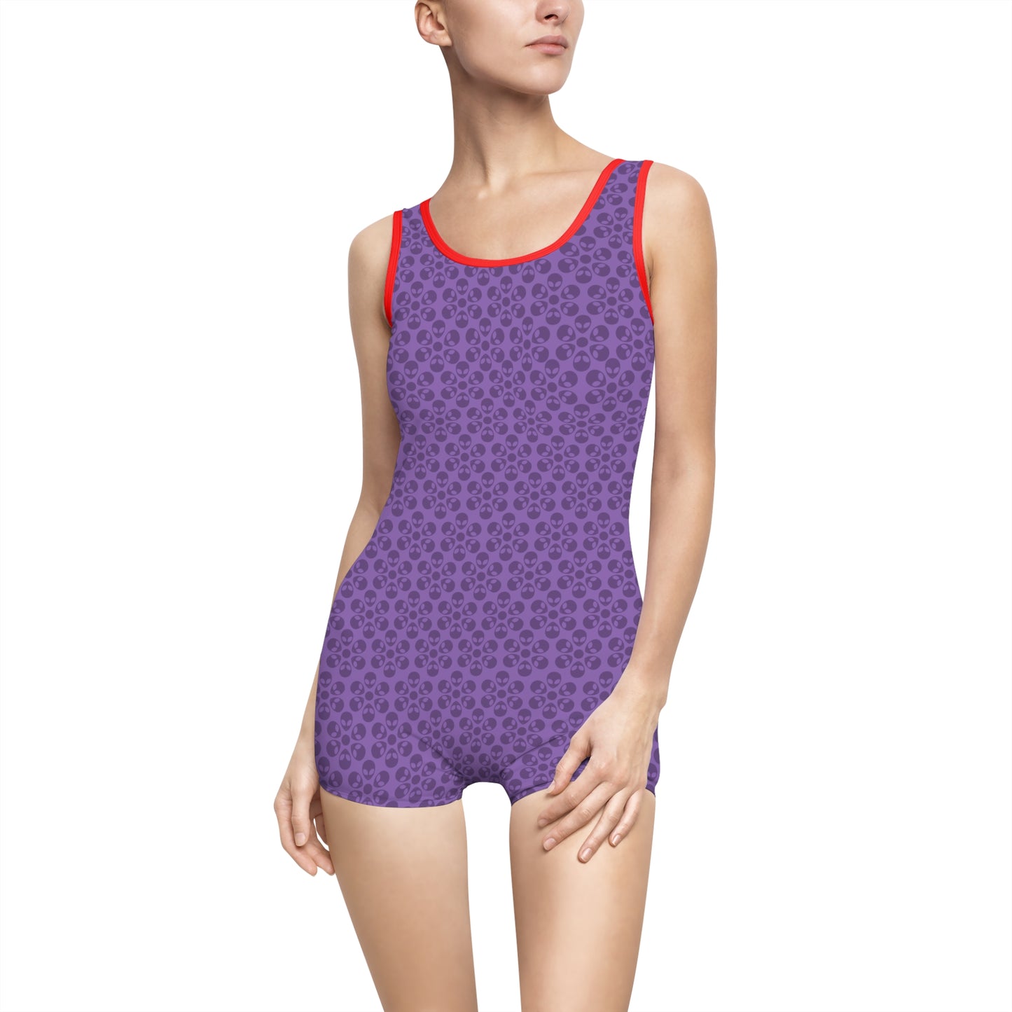 Womens Vintage Swimsuit  Alien Flowers Light Purple