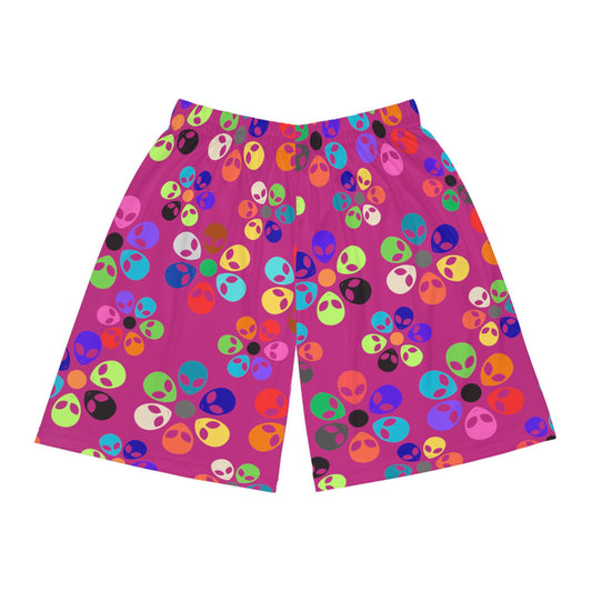 Colorful Alien Print Basketball Shorts Funky Athletic Wear Unisex Summer Shorts Trendy Sports Gear Fun Gift for Friends Alien Rainbow Flowers Pink