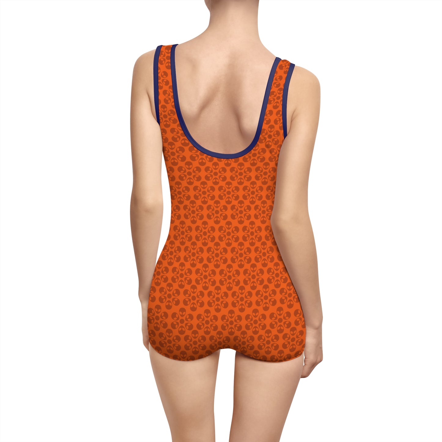 Womens Vintage Swimsuit  Alien Flowers Orange
