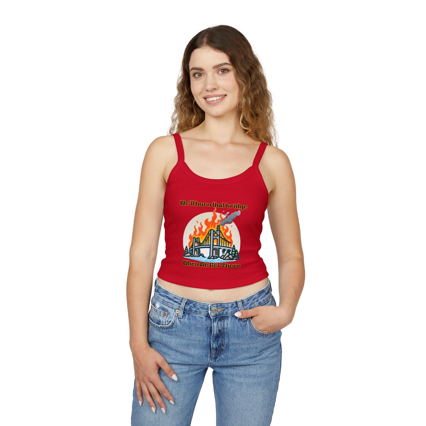 Fire Bridge Graphic Spaghetti Strap Tank Top - Casual Summer Apparel for Fun Days Out