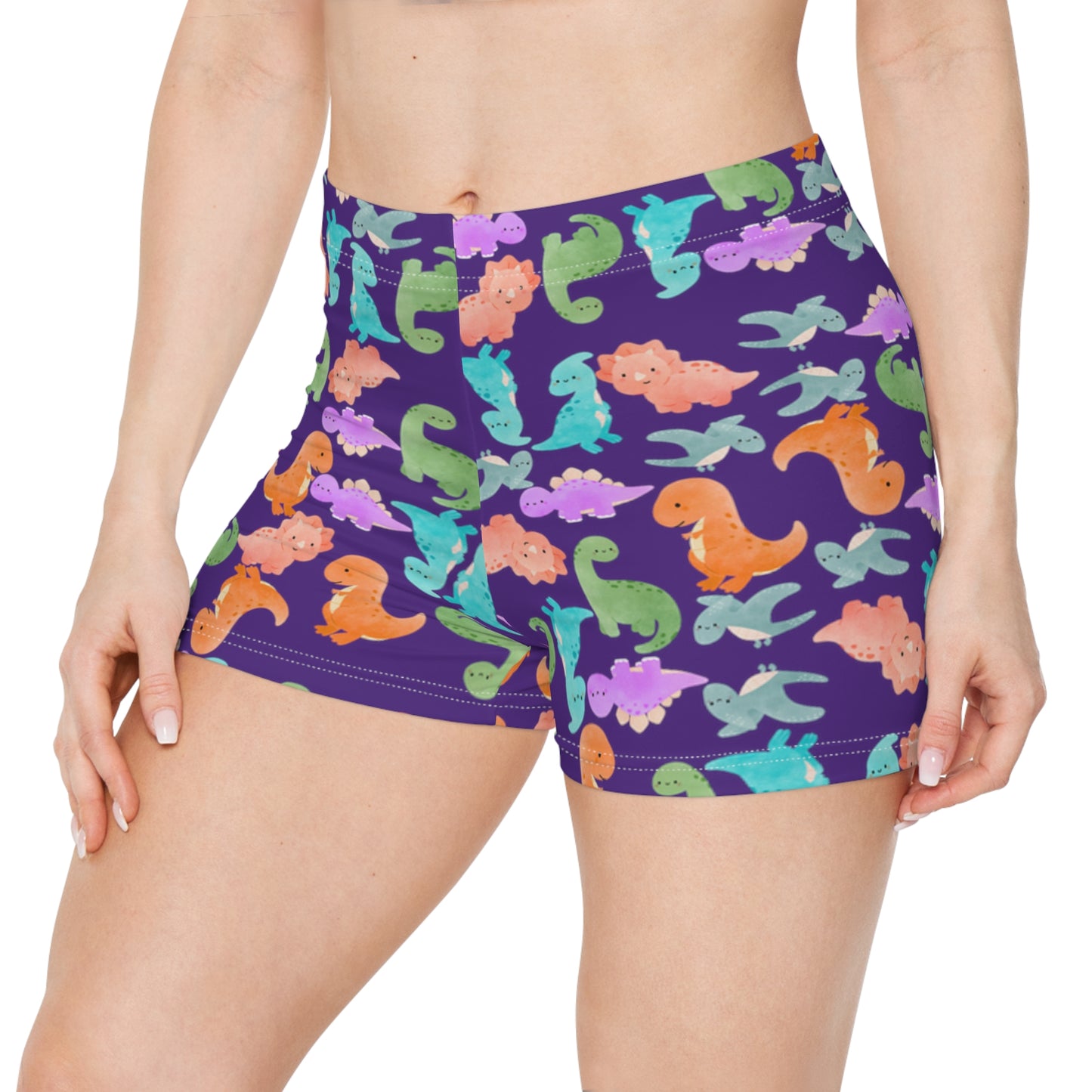 Dinosaur Print Womens Shorts Cute Summer Loungewear Kids Party Attire Beach Day Outfit Colorful Activewear Rainbow Dinos Purple