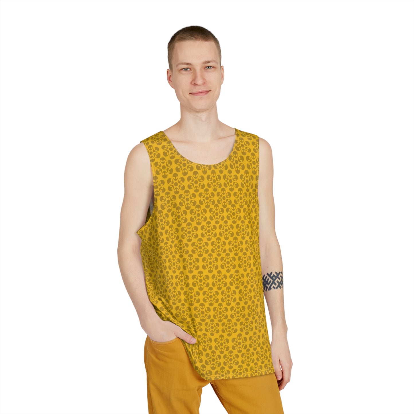 Stylish Mens Tank Top  AOP Leopard Print Summer Wear Fitness Gear Casual Apparel Trendy Vacation Outfit Alien Flowers Yellow
