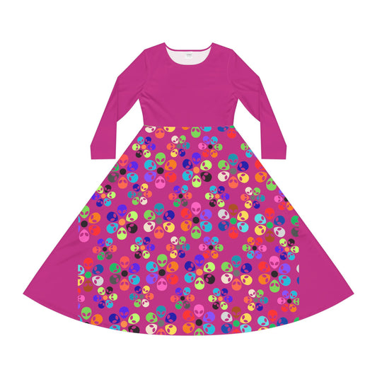 Vibrant Womens Long Sleeve Dance Dress Colorful Floral Style Perfect for Dance Parties Celebrations BohoChic Fashion Alien Rainbow Flowers Pink