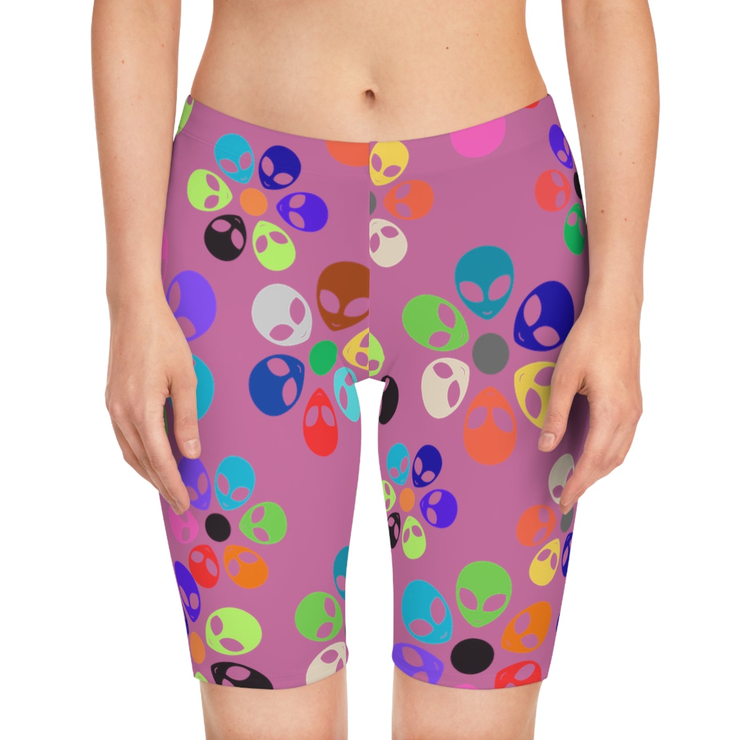 Colorful Alien Flower Womens Bike Shorts | Fun Activewear Summer Exercise Festival Outfit Yoga Fitness Gear Alien Rainbow Flowers Light Pink