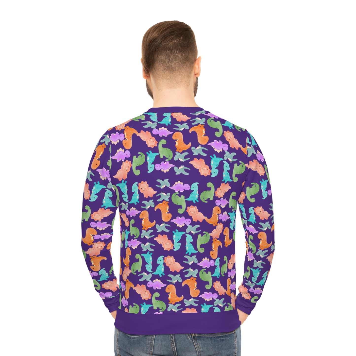 Colorful Dino Lightweight Sweatshirt | Cozy Gift for Ocean Lovers | Perfect for Casual Wear Beach Days Summer Parties Travel Rainbow Dinos Purple