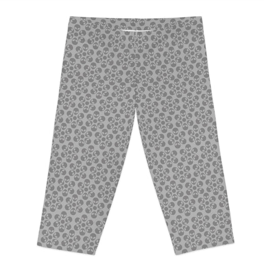 Womens Capri Leggings Alien Flowers Light Grey