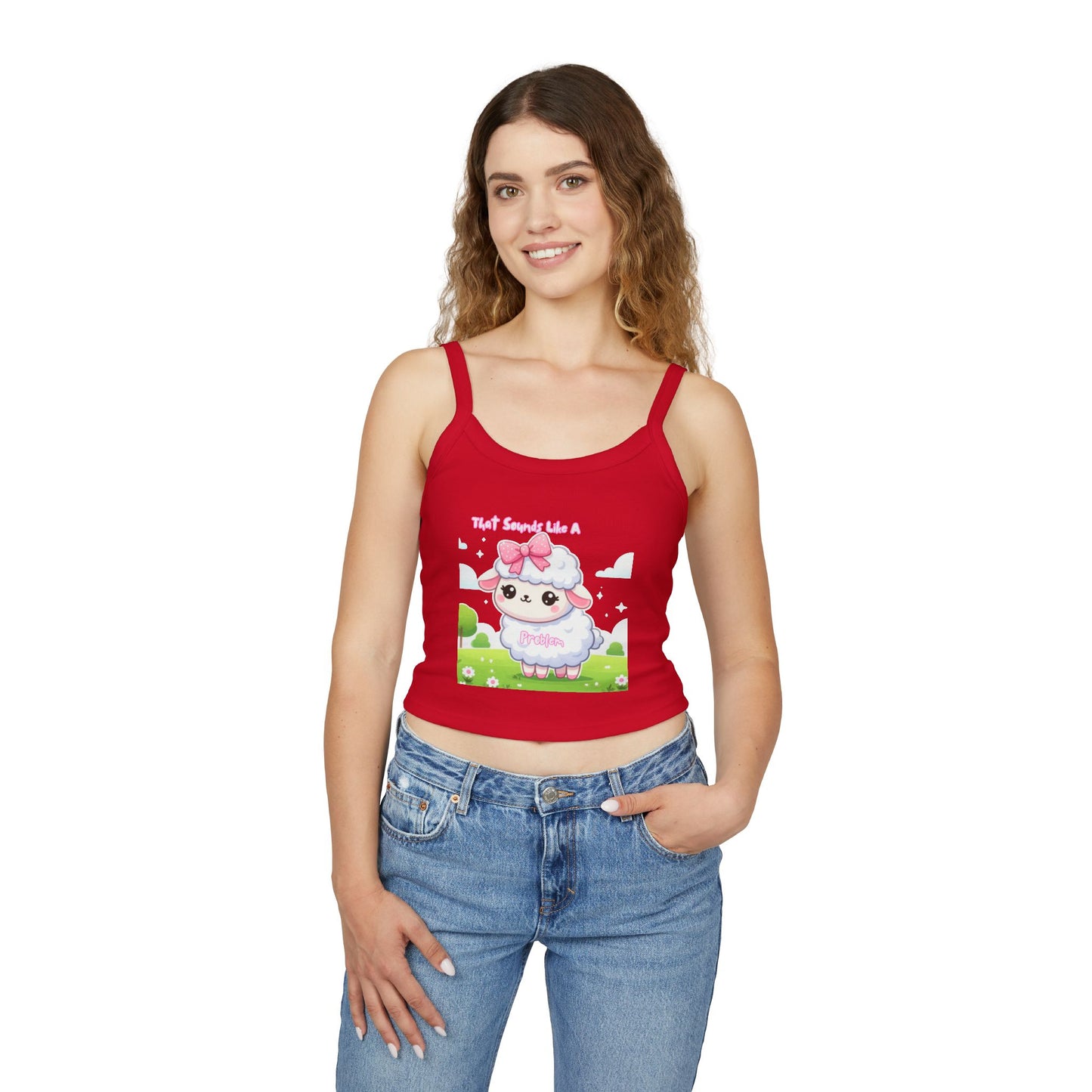 Cute Sheep Graphic Women&#039;s Spaghetti Strap Tank Top - Fun & Playful Design for Spring/Summer