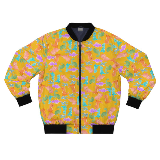 Colorful Dinosaur Mens Bomber Jacket Trendy Outerwear for Casual Outings Unique Gift for Dinosaur Lovers Festival Style  Rainbow Dinos Yellow