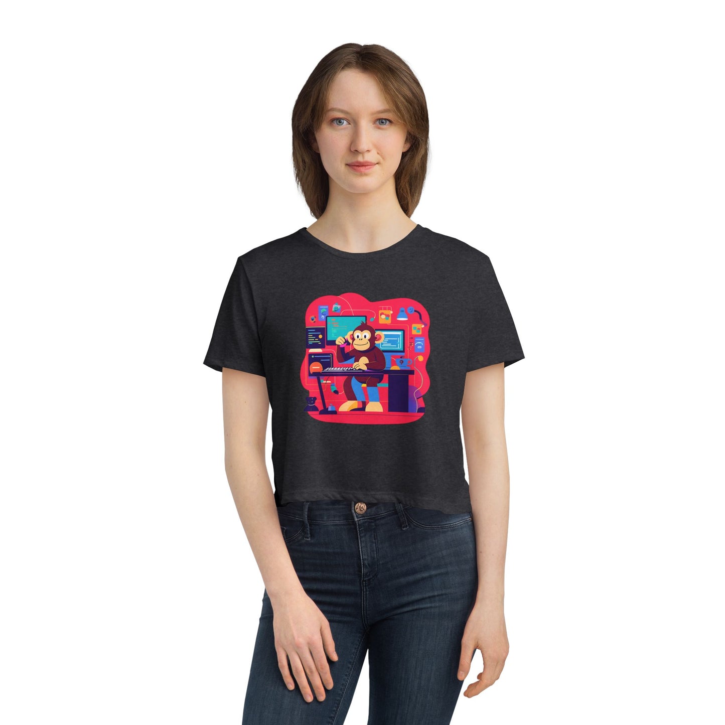 Retro Gamer Women's Flowy Cropped Tee, Cute Graphic Tee, Casual Wear, Gift for Gamers, Fun Summer Top, Kids Birthday Present