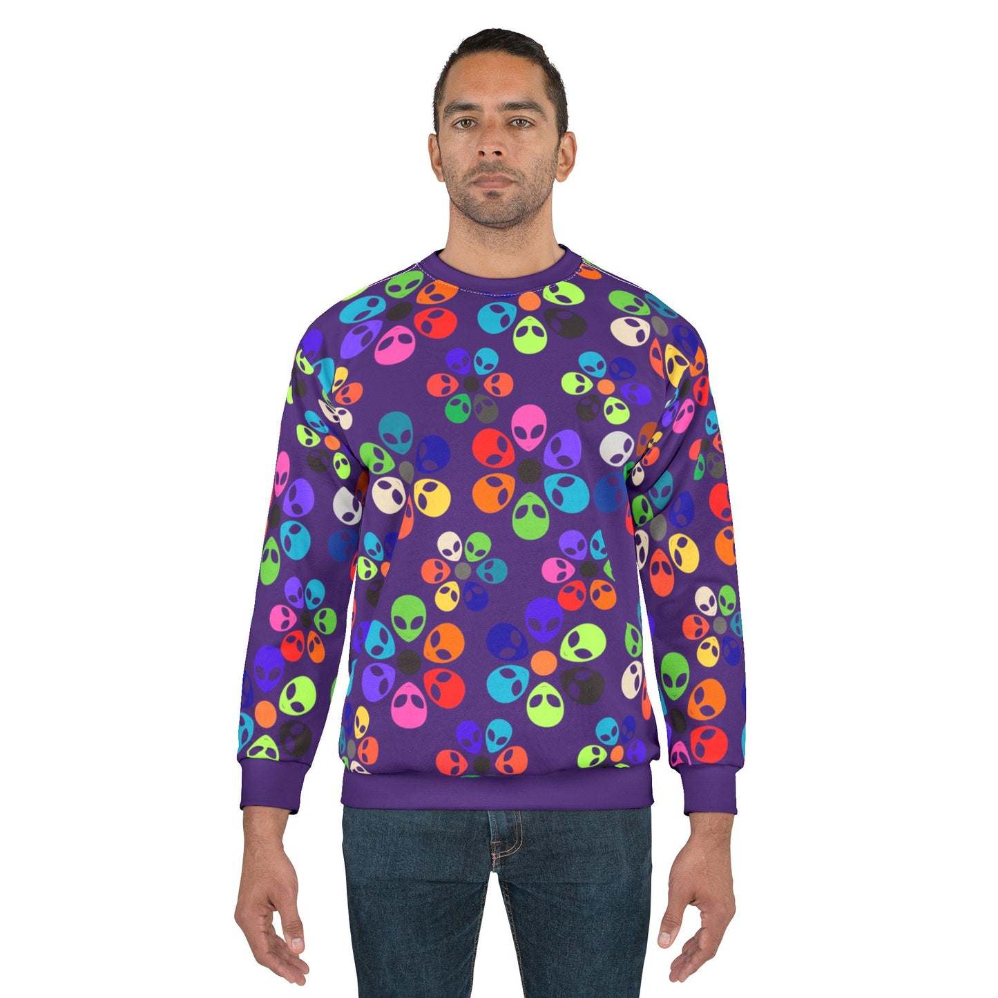 Colorful Alien Graphic Unisex Sweatshirt Fun and Quirky Sweater for Casual Wear Gift for SciFi Lovers Unisex Fashion Trendy Streetwear Alien Rainbow Flowers Purple