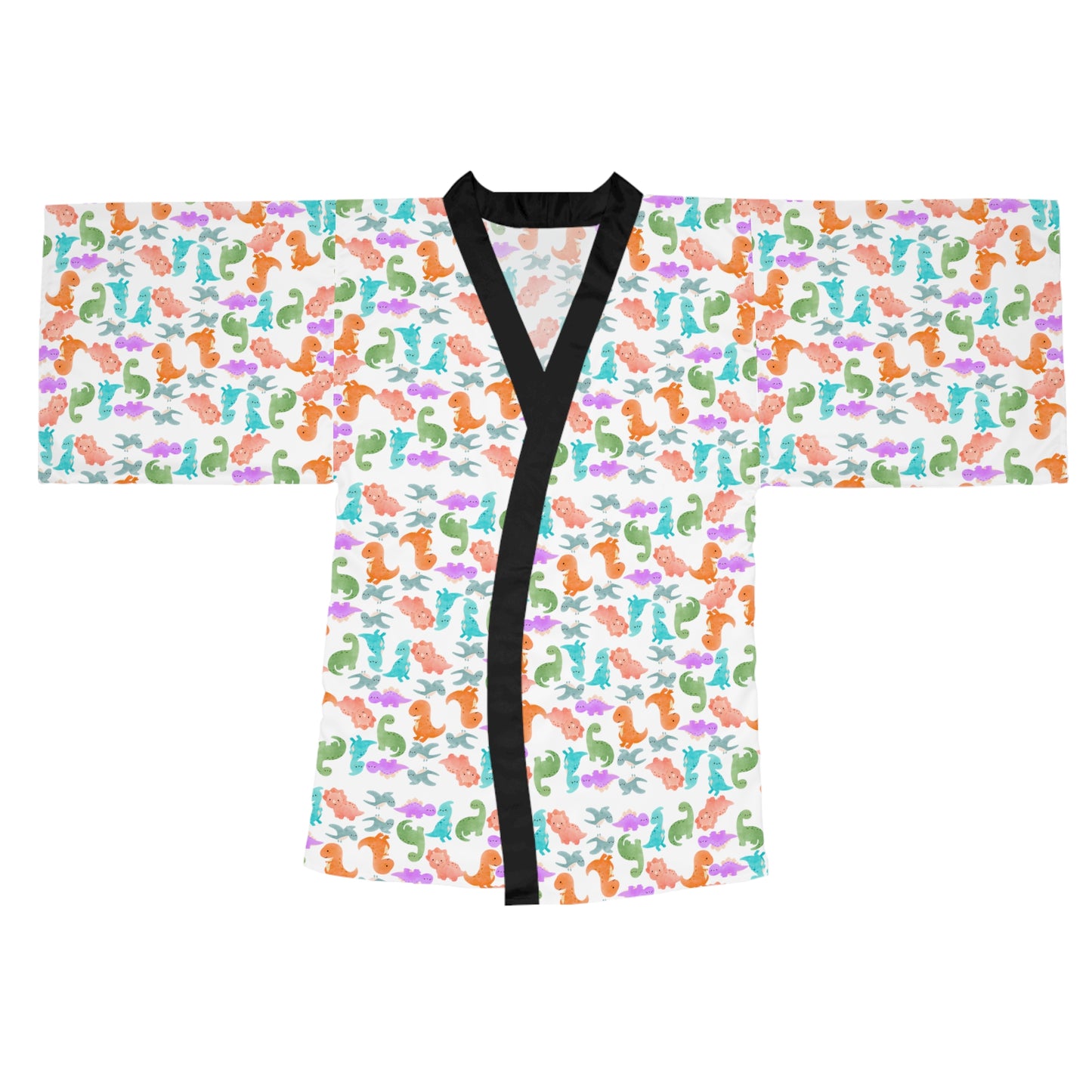 Vibrant Dino Print Long Sleeve Kimono Robe for Relaxation Loungewear Gift Summer Nights Cozy Style Rainbow Dinos Pink