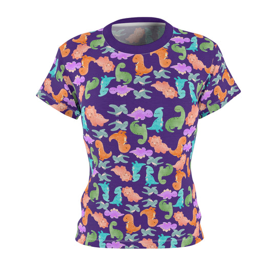 Colorful Dino Womens Tee Cute Summer Top Vibrant Casual Shirt Sea Animal Print Tee Gifts for Ocean Lovers Beachwear Rainbow Dinos Purple