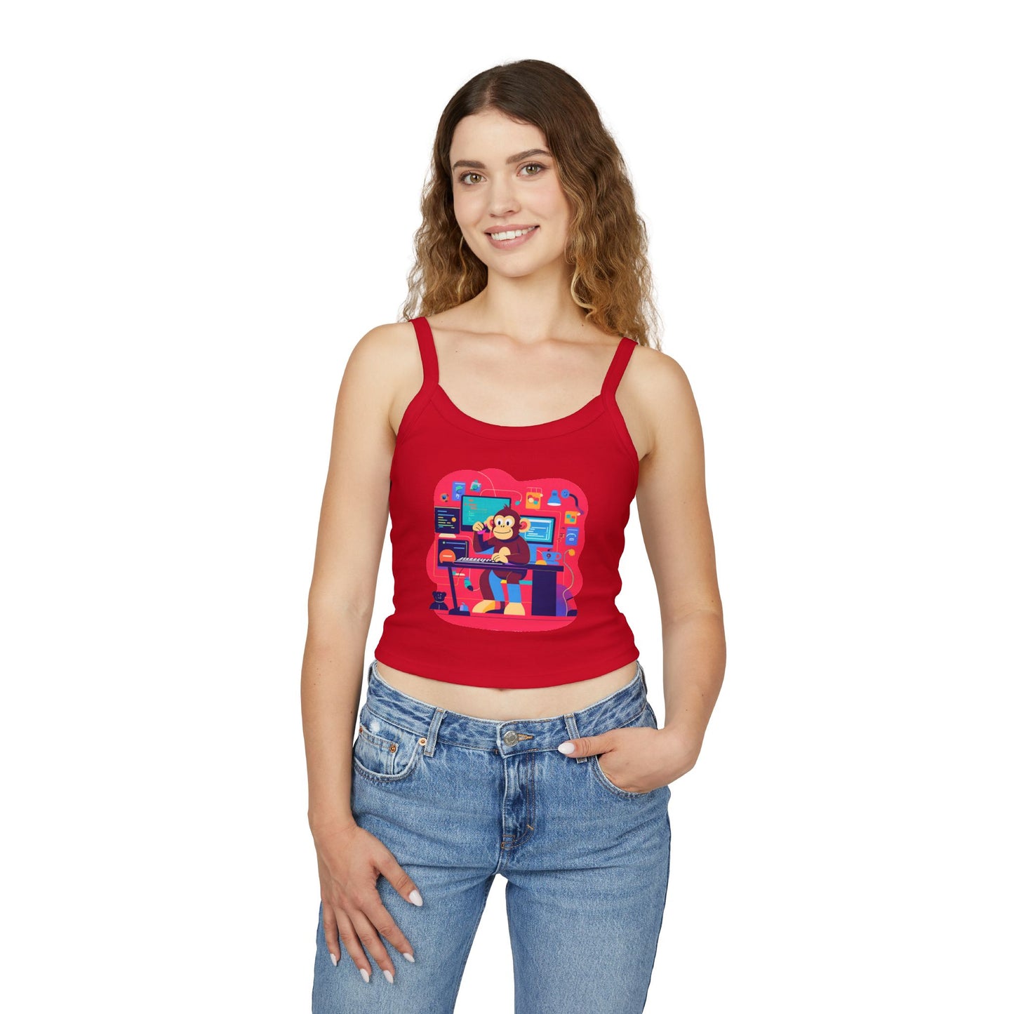 Playful Monkey Graphic Spaghetti Strap Tank Top - Fun Casual Wear, Summer Beach, Gift for Animal Lovers, Cute Pajama Top, Creative [...]