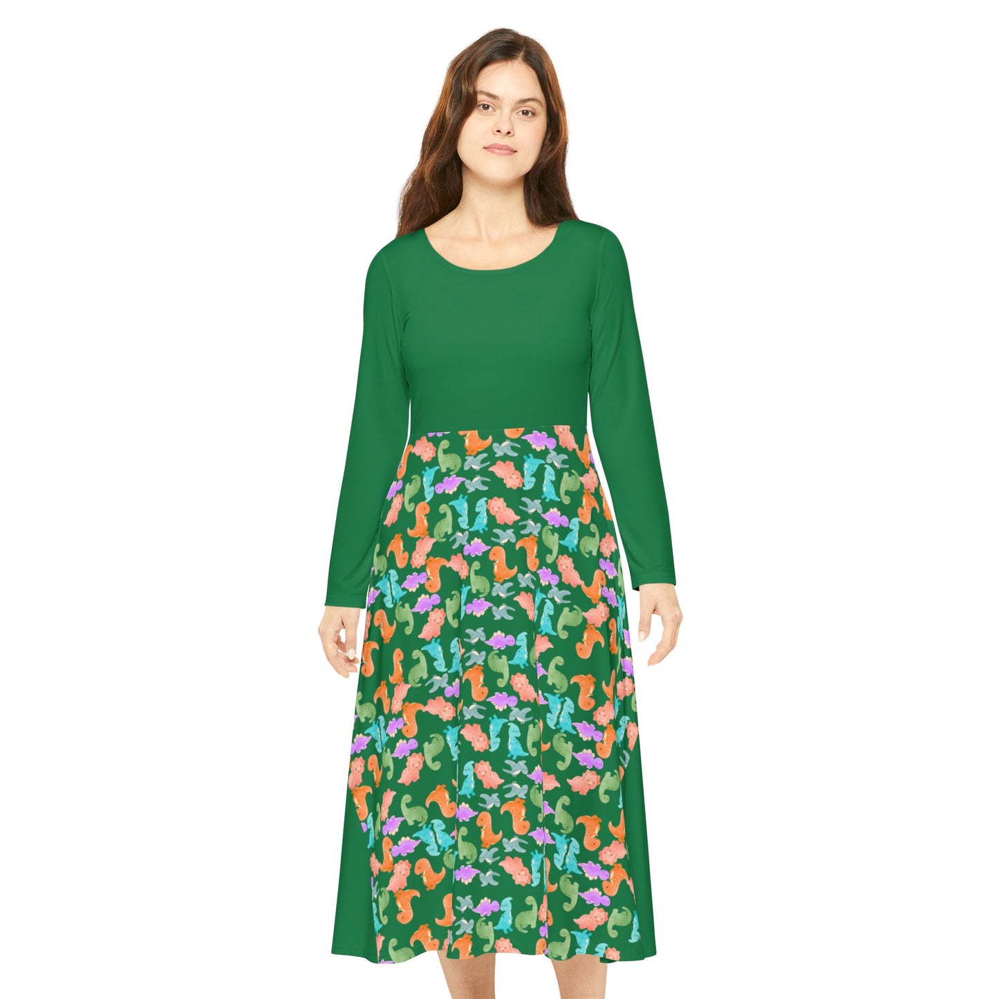 Colorful Long Sleeve Dance Dress Perfect for Parties Dance Events Spring Celebrations Playful Kids Dress Trendy Casual Wear Rainbow Dinos Dark Green