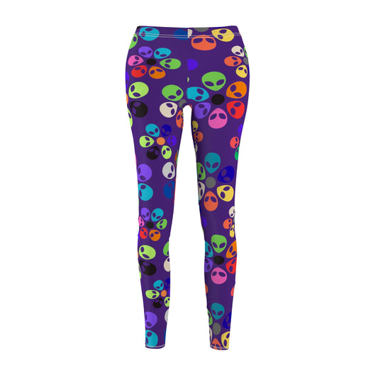 Colorful Alien Print Womens Leggings Casual Streetwear Graphic Leggings for Festivals Comfortable Activewear Unique Gift Idea Alien Rainbow Flowers Purple