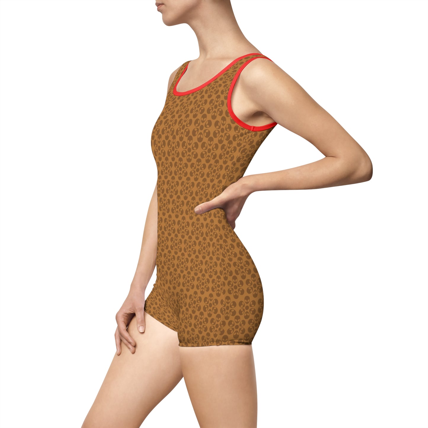 Womens Vintage Swimsuit  Alien Flowers Light Brown