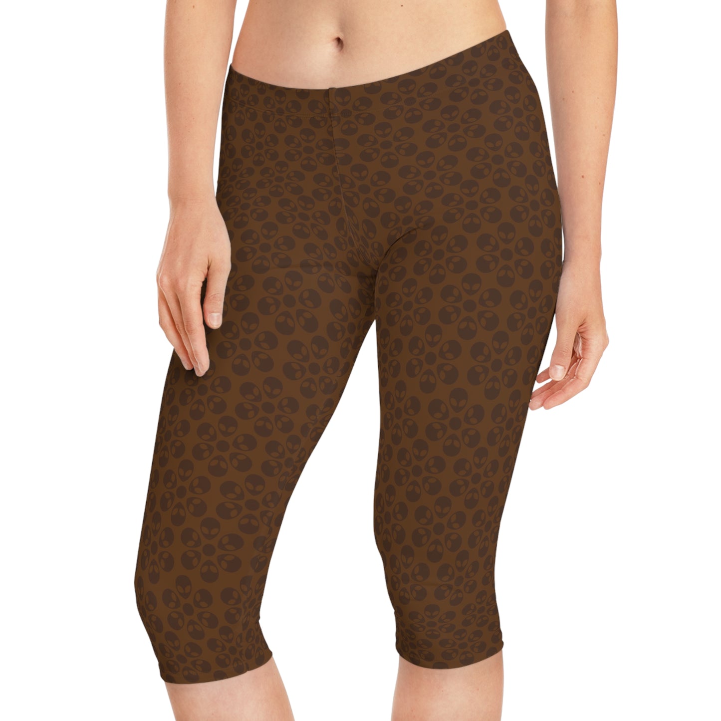 Womens Capri Leggings Alien Flowers Brown