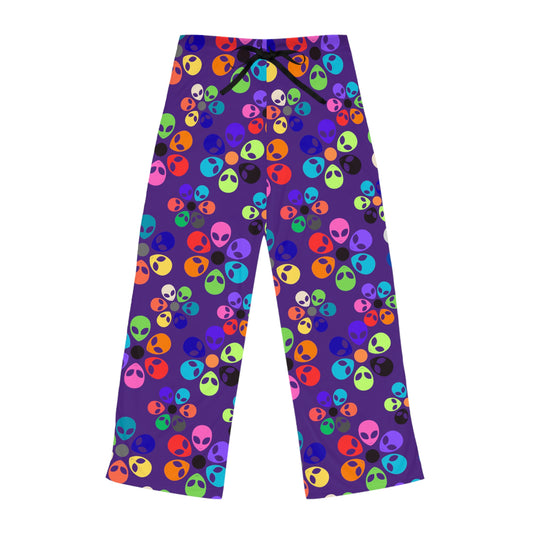 Colorful Alien Print Womens Pajama Pants Fun Loungewear Sleepwear for Alien Lovers Great Gift for Birthdays Relaxation Alien Rainbow Flowers Purple