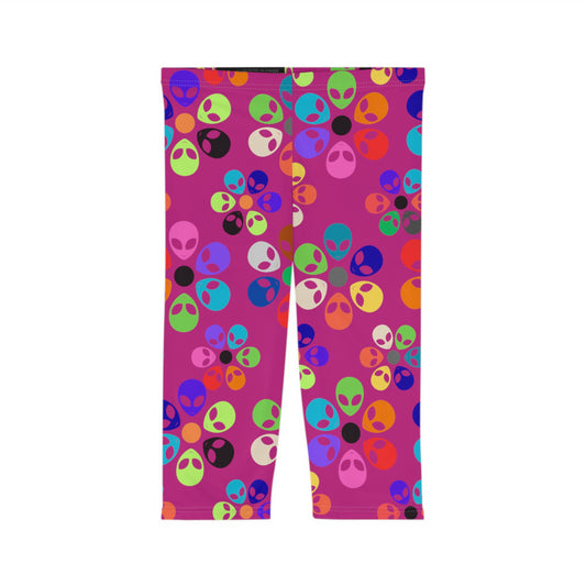 Vibrant Alien Print Capri Leggings for Women Fun Workout Pants Festival Wear Casual Summer Stylish Leggings Unique Gift Idea Alien Rainbow Flowers Pink