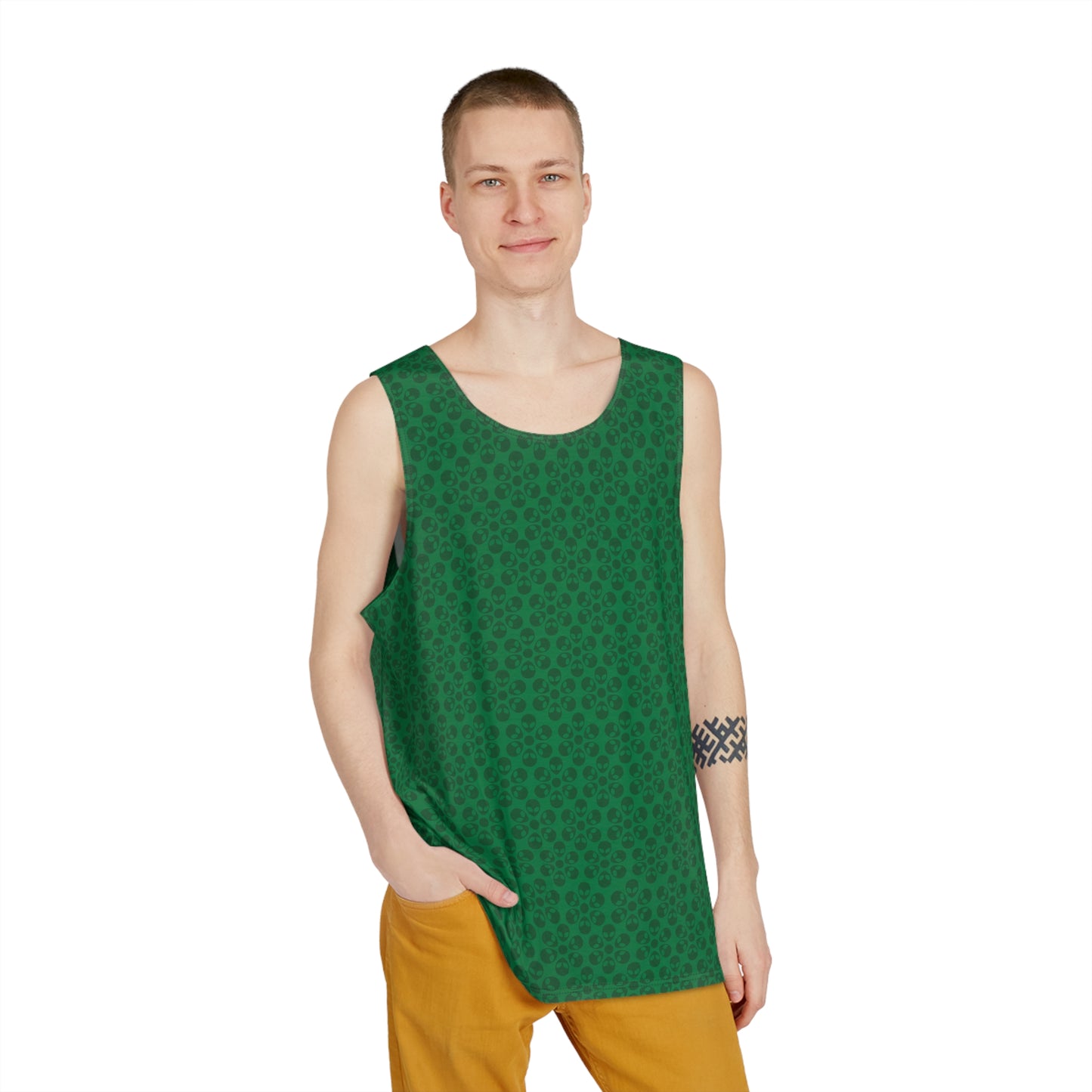 Stylish Mens Tank Top  AOP Leopard Print Summer Wear Fitness Gear Casual Apparel Trendy Vacation Outfit Alien Flowers Dark Green