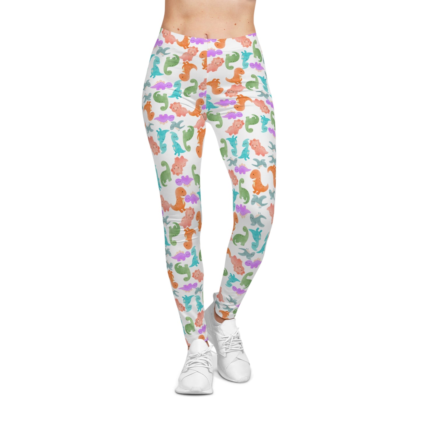 Colorful Dinosaur Print Leggings  Fun Everyday Activewear Yoga Pants Fitness Apparel Gift for Kids Playful Fashion Rainbow Dinos White