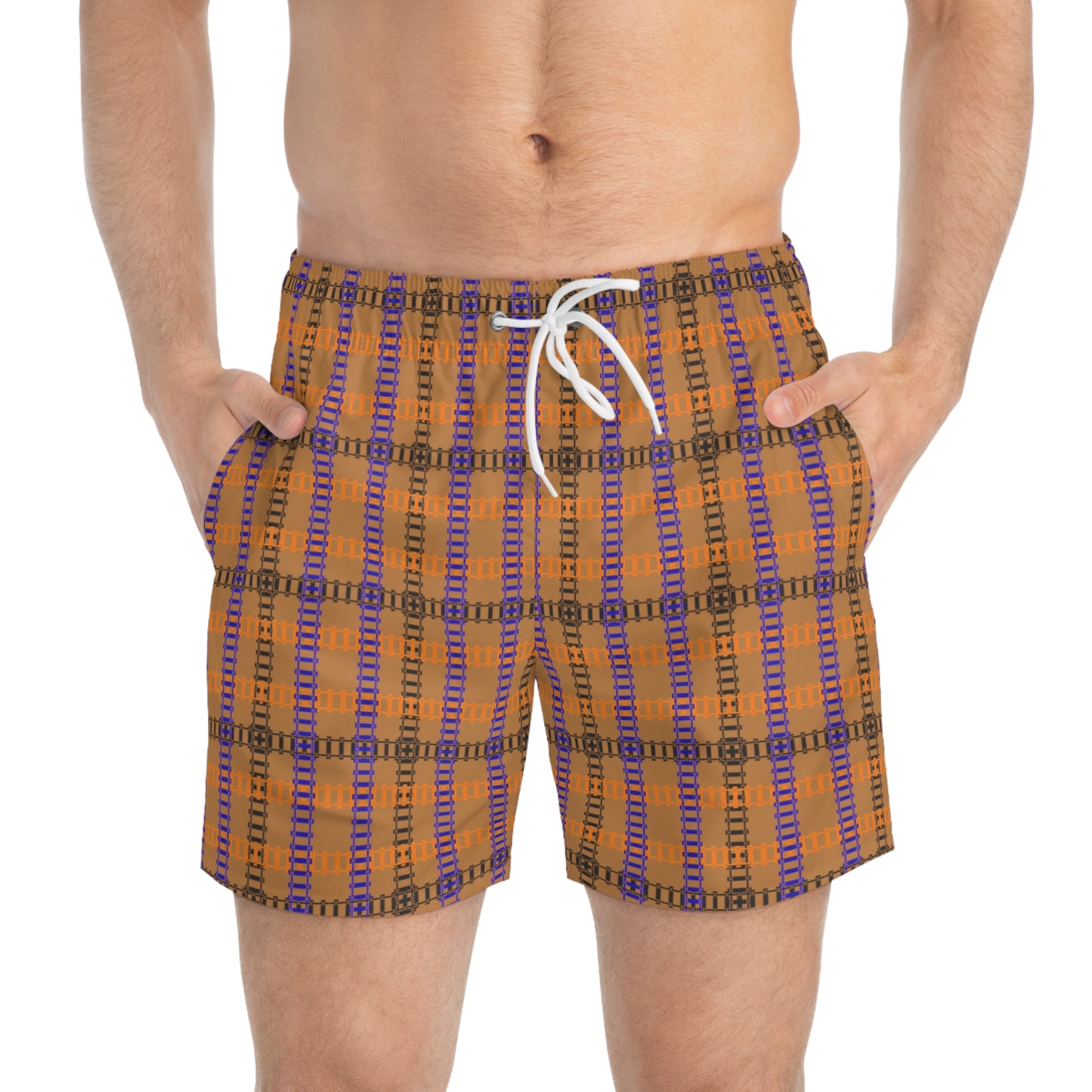 Vibrant Checkered Swim Trunks Beachwear for Summer Fun Vacation Essential Pool Party MustHave Mens Swim Shorts Train Tracks Light Brown