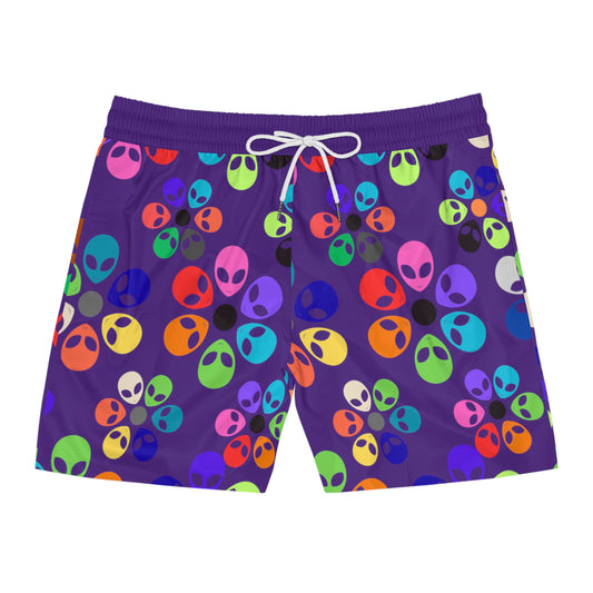 Colorful Alien Print Swim Shorts for Fun Summer Vibes Beachwear Pool Party Attire Vacation Essentials Mens Swimwear Alien Rainbow Flowers Purple