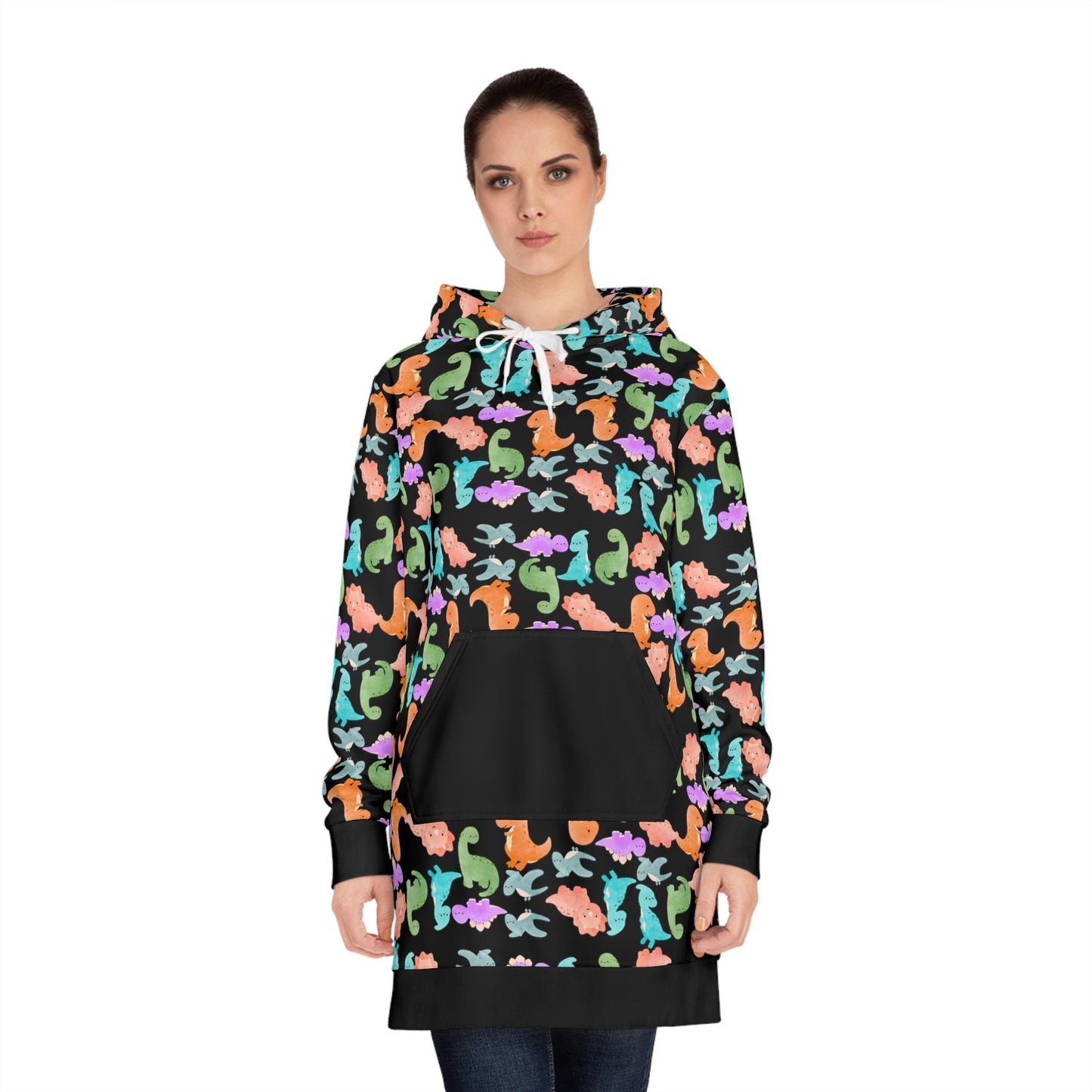 Womens Hoodie Dress Rainbow Dinos Black