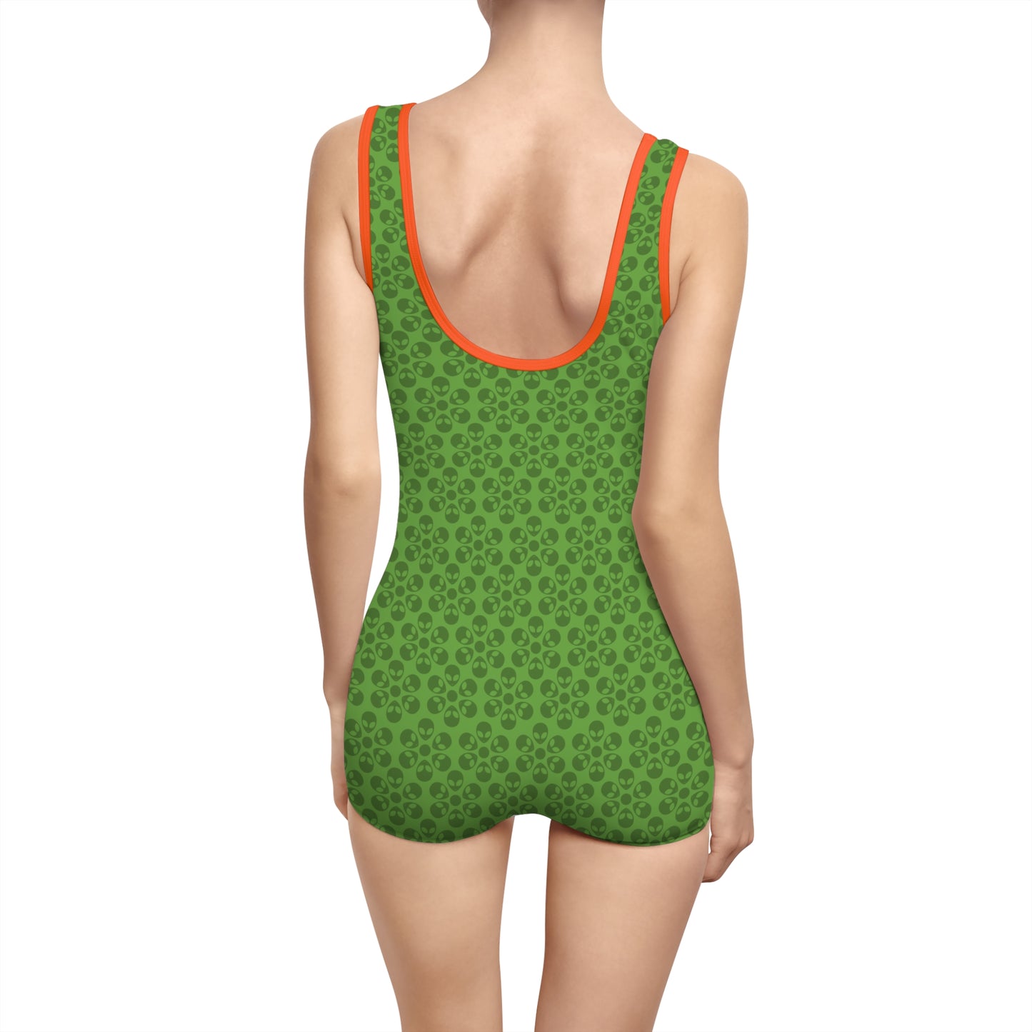 Womens Vintage Swimsuit  Alien Flowers Green