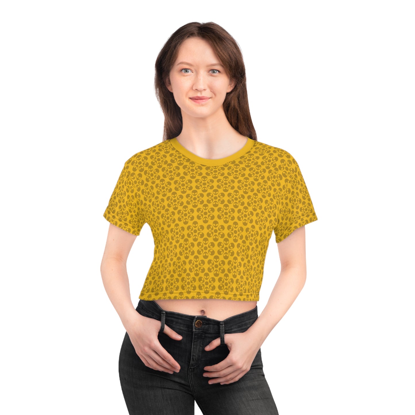 Feminine Floral Crop Tee Trendy Summer Top Aesthetic Graphic Shirt Casual Outfit Unique Gift for Her Vintage Style Tee Alien Flowers Yellow
