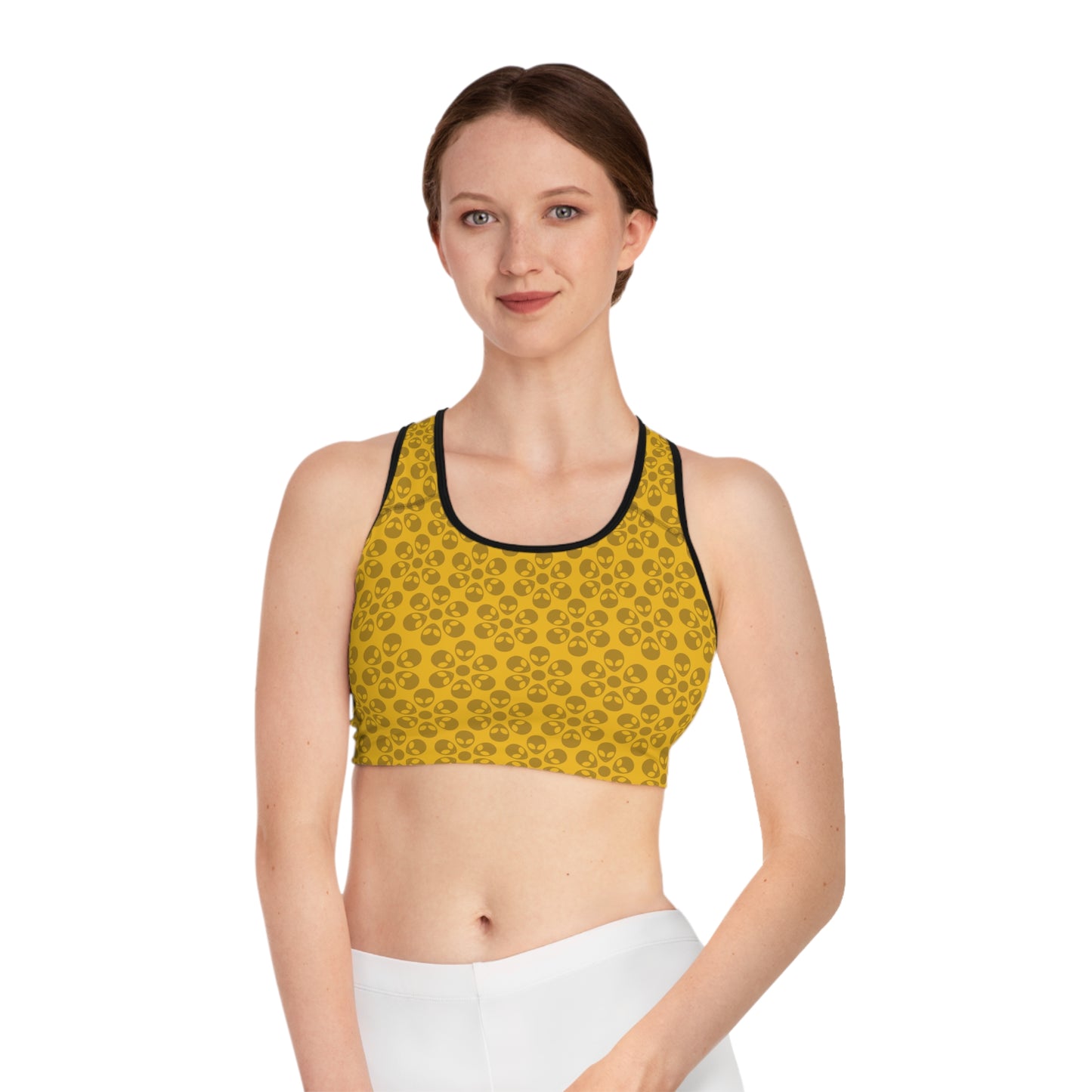 Trendy Floral Pattern Sports Bra Workout Bra for Women Fitness Gear Yoga Top Gym Wear Gift for Athletes Alien Flowers Yellow