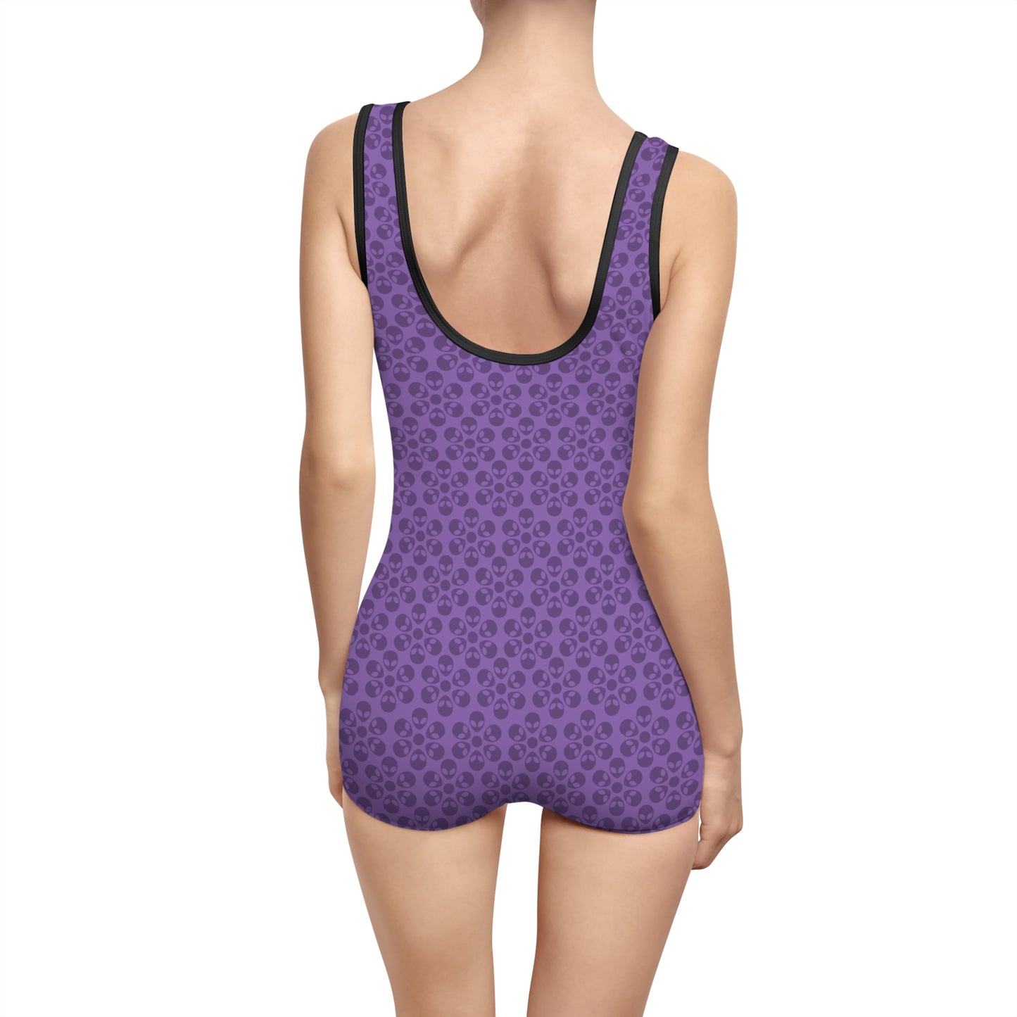 Womens Vintage Swimsuit  Alien Flowers Light Purple