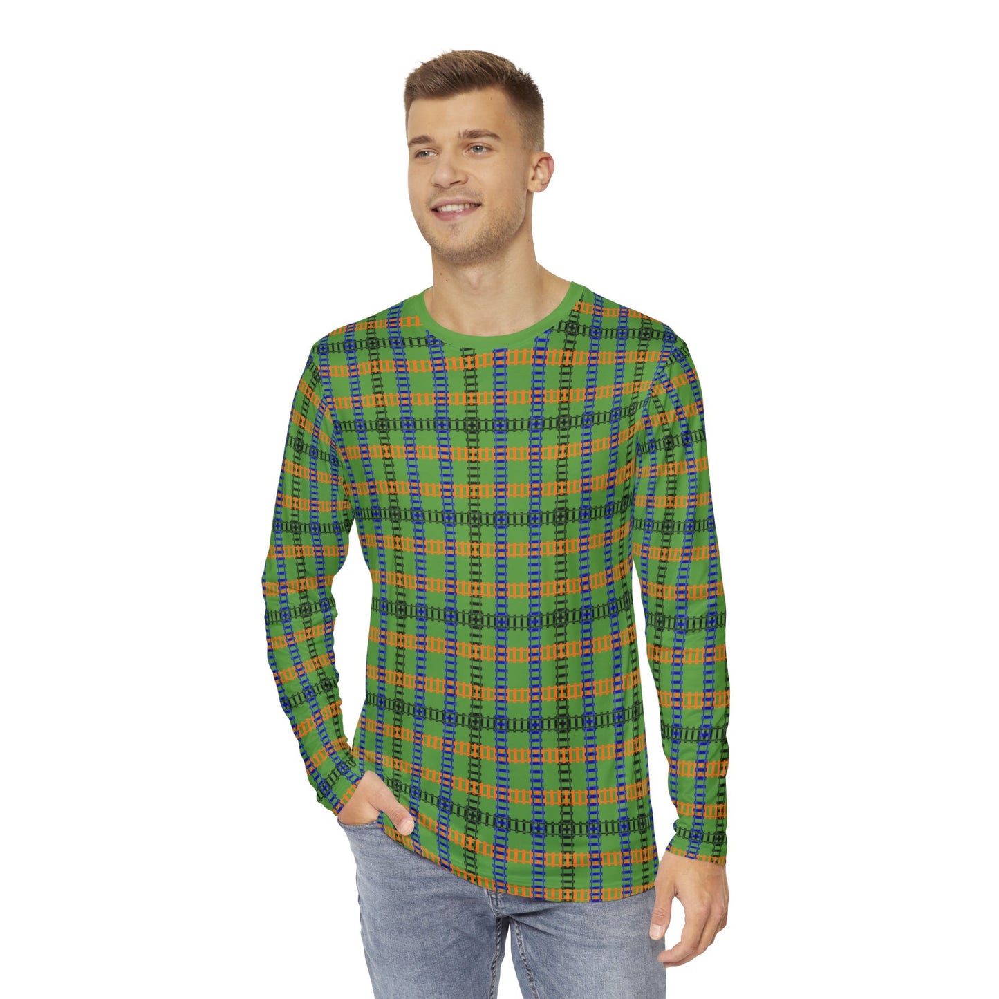 Vibrant Plaid Mens Long Sleeve Shirt Cozy Outfit Casual Wear Stylish Layering Perfect for Fall and Winter Train Tracks Green