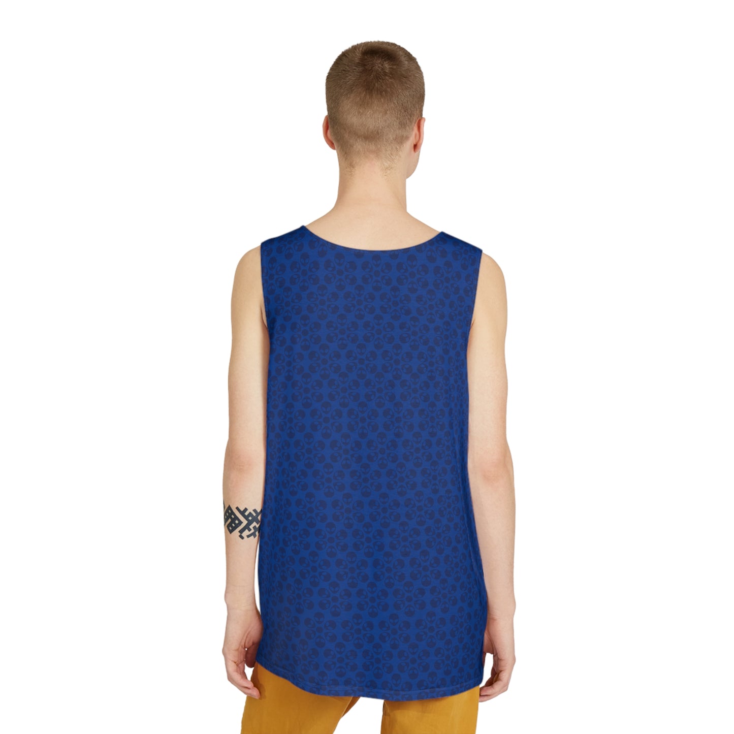 Stylish Mens Tank Top  AOP Leopard Print Summer Wear Fitness Gear Casual Apparel Trendy Vacation Outfit Alien Flowers Dark Blue