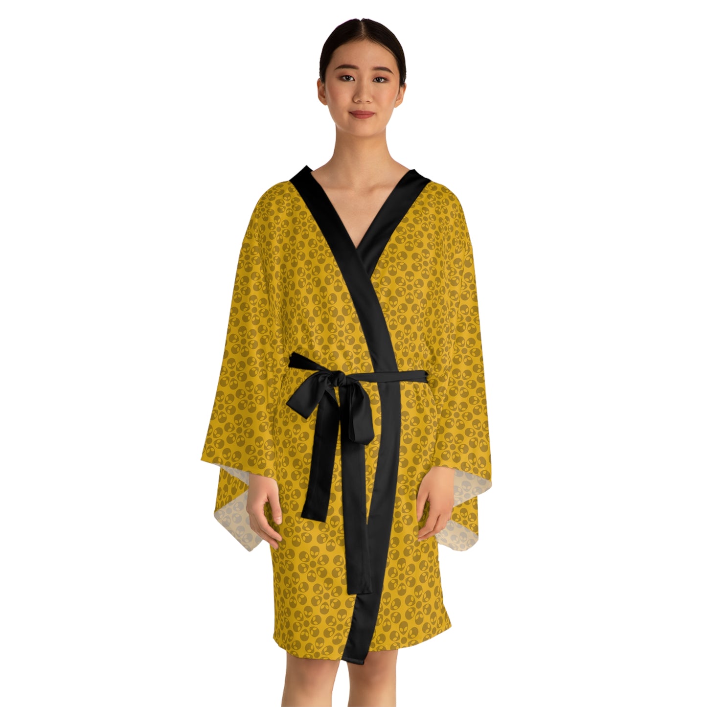 Chic Floral Long Sleeve Kimono Robe Bohemian Loungewear Relaxation Gift Spa Day Essential Cozy Home Attire Trendy Style Alien Flowers Yellow