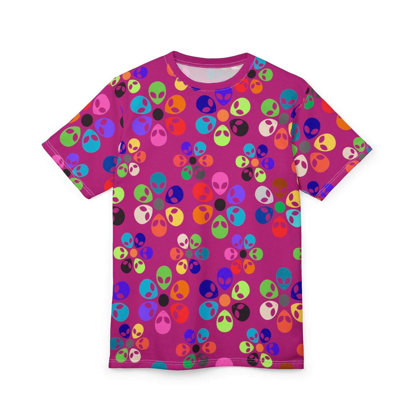 Colorful Alien Print Unisex TShirt Fun Graphic Tee Quirky Fashion Wear Gift for SciFi Lovers Trendy Casual Style Summer Apparel Alien Rainbow Flowers Pink