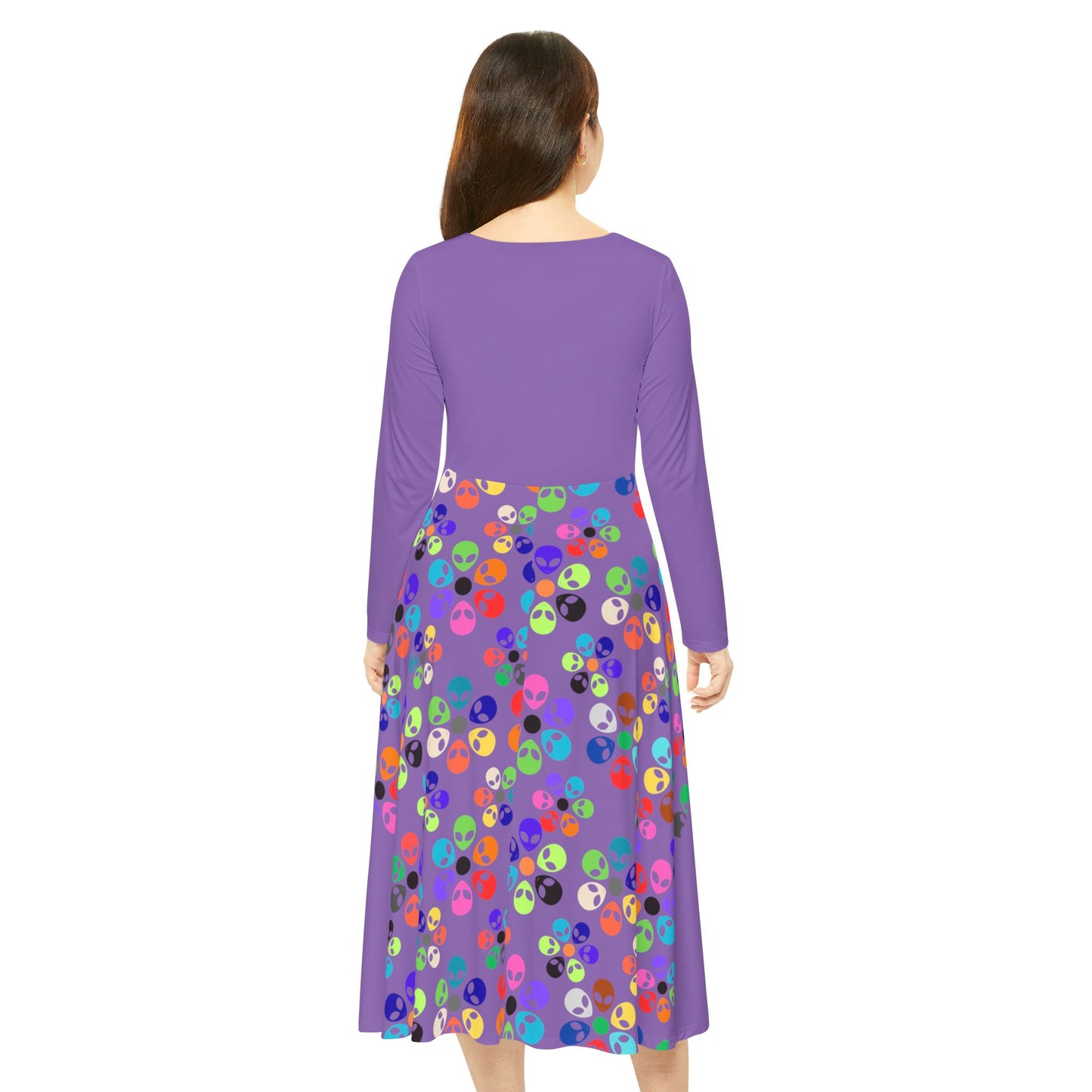 Vibrant Womens Long Sleeve Dance Dress Colorful Floral Style Perfect for Dance Parties Celebrations BohoChic Fashion Alien Rainbow Flowers Purple