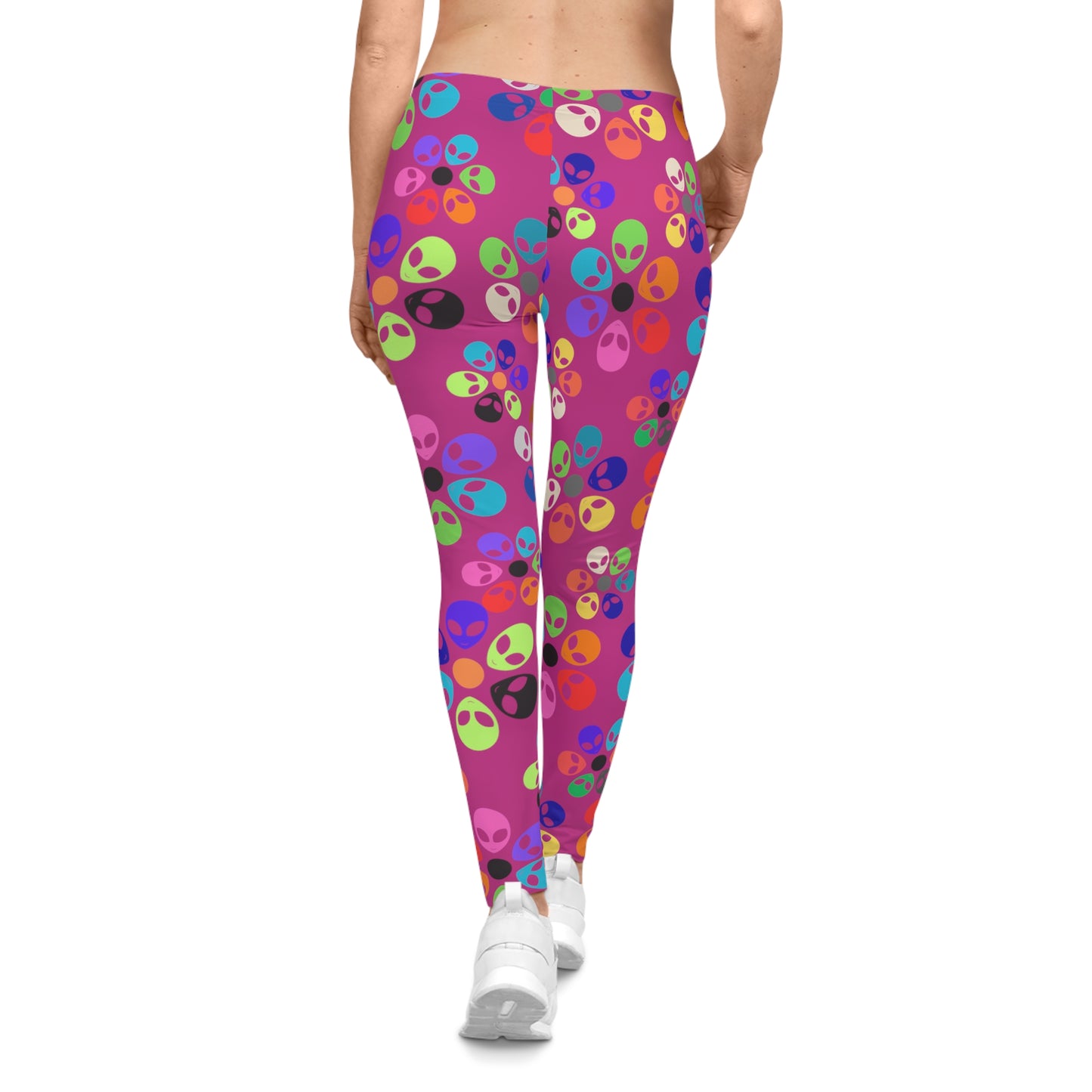 Fun Alien Print Womens Leggings Funky Workout Leggings Colorful Casual Pants Cute Yoga Bottoms Gift for Her Alien Rainbow Flowers Pink