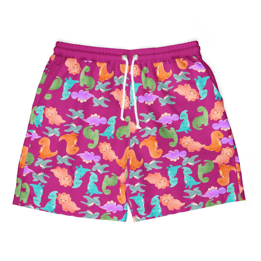 Vibrant Dino Unisex Swim Shorts Beachwear Summer Swimwear Vacation Essentials Pool Party Mens Swim Trunks Unique Design Rainbow Dinos Pink