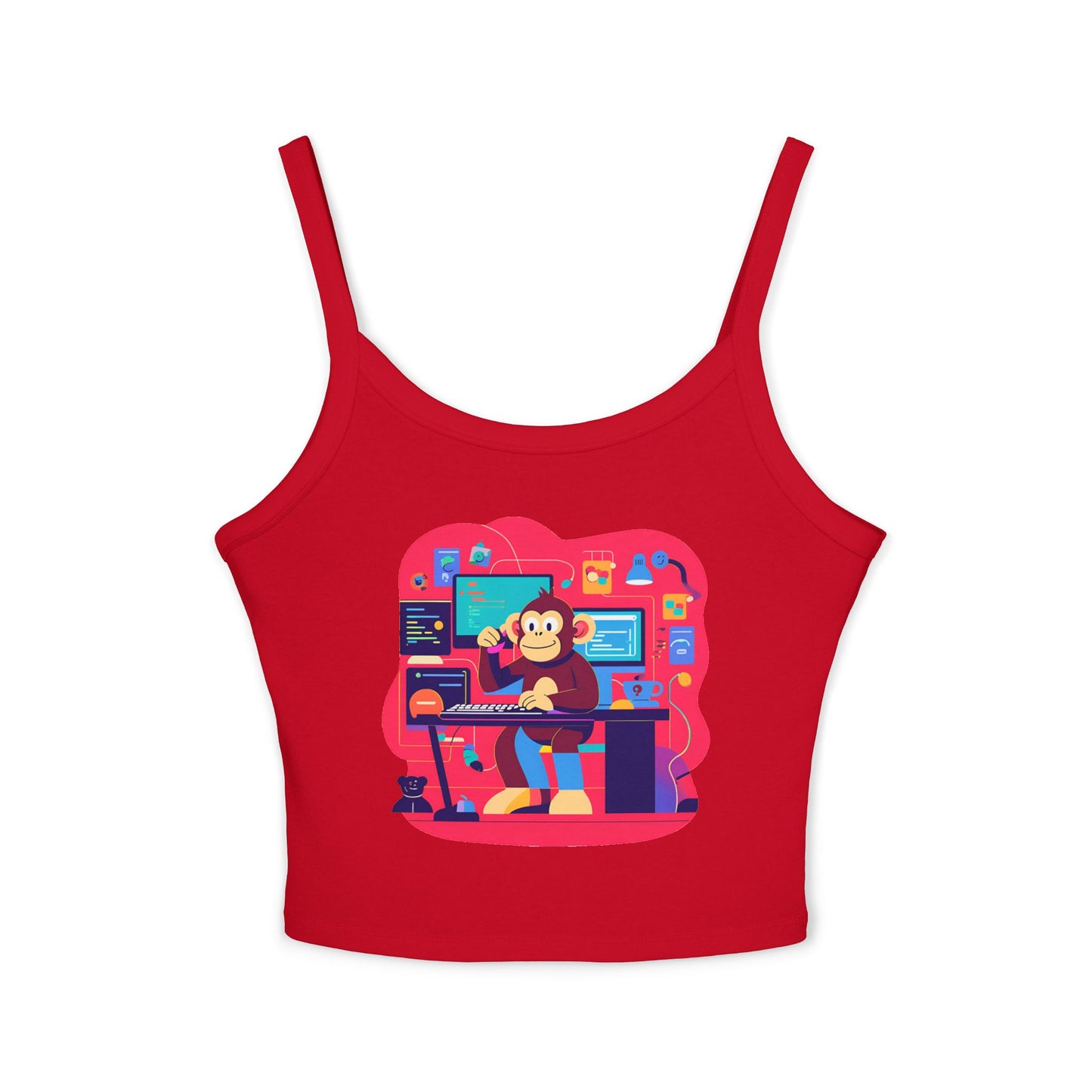 Playful Monkey Graphic Spaghetti Strap Tank Top - Fun Casual Wear, Summer Beach, Gift for Animal Lovers, Cute Pajama Top, Creative [...]