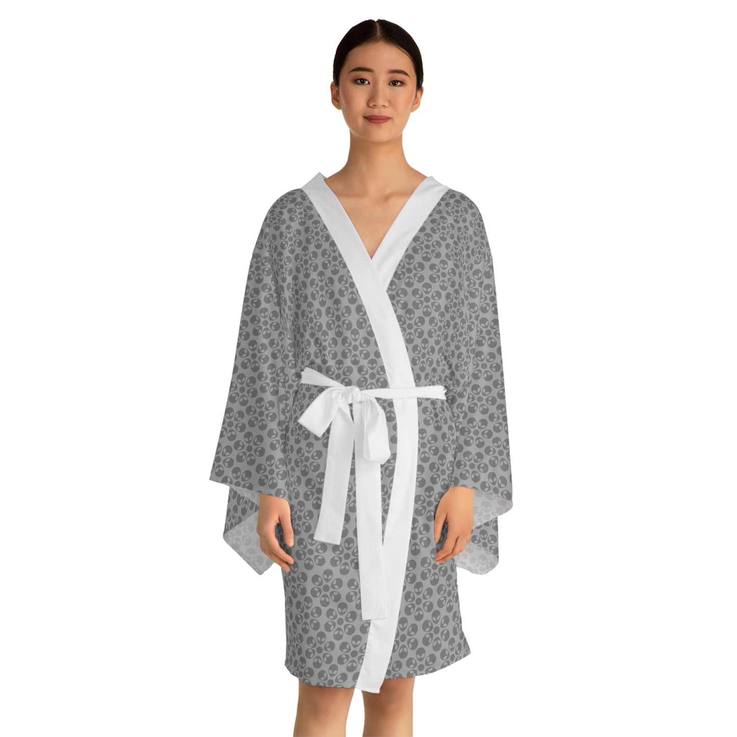 Chic Floral Long Sleeve Kimono Robe Bohemian Loungewear Relaxation Gift Spa Day Essential Cozy Home Attire Trendy Style Alien Flowers Light Grey
