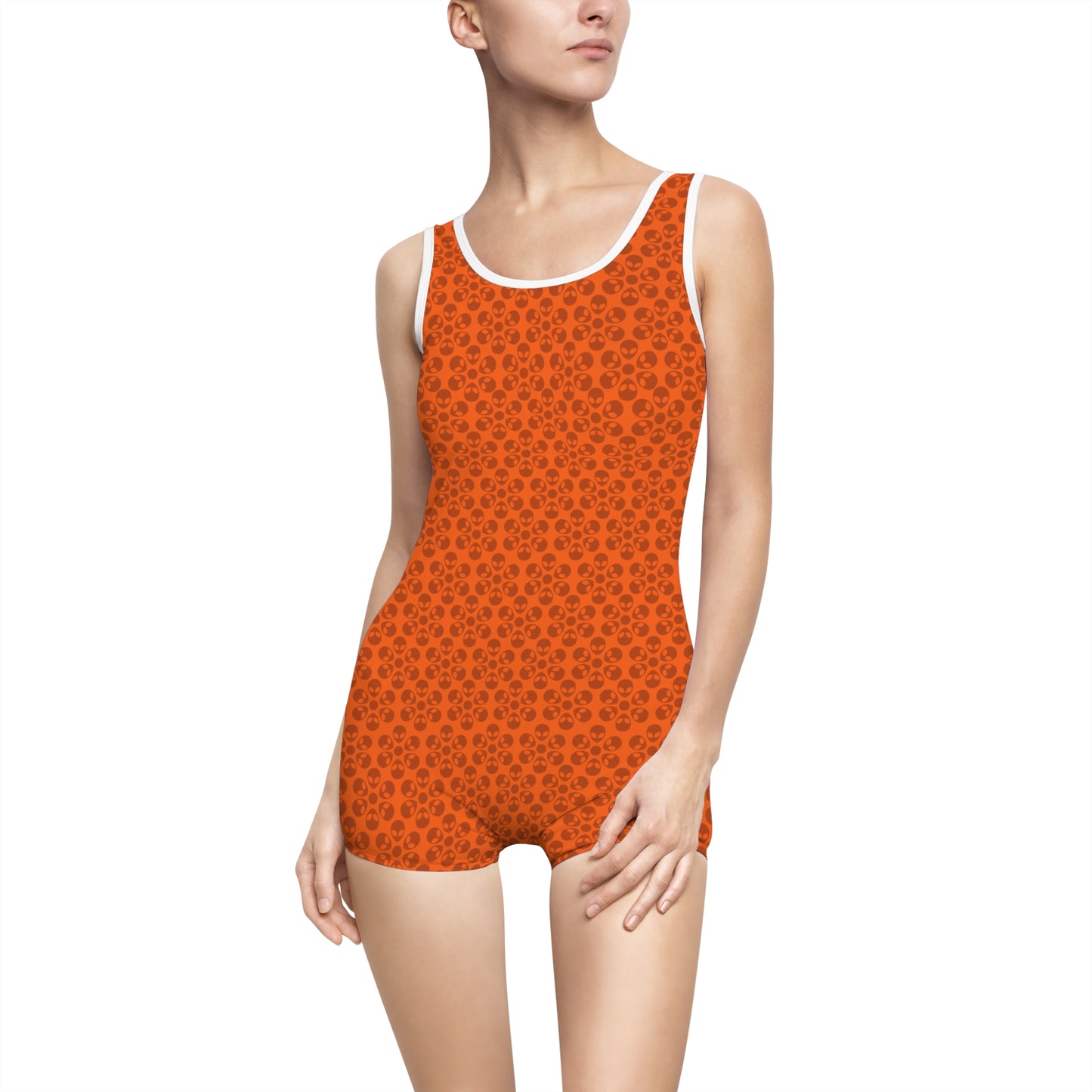 Womens Vintage Swimsuit  Alien Flowers Orange